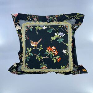 decorative floral & bird throw pillow with fringe black background 18"x18"